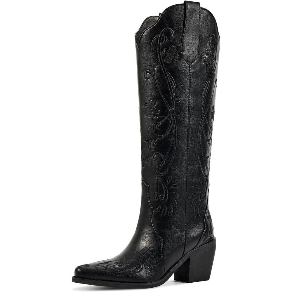 Women's Black Knee High Cowgirl Boots Western Boots with Floral Embroidered